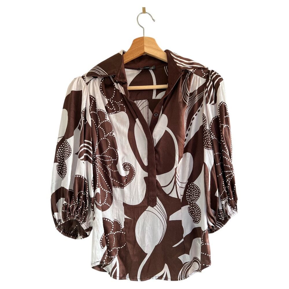 Bebe XS Brown Floral SILK Blend Henley Blouse 1/2 Balloon Sleeve Slim Fit